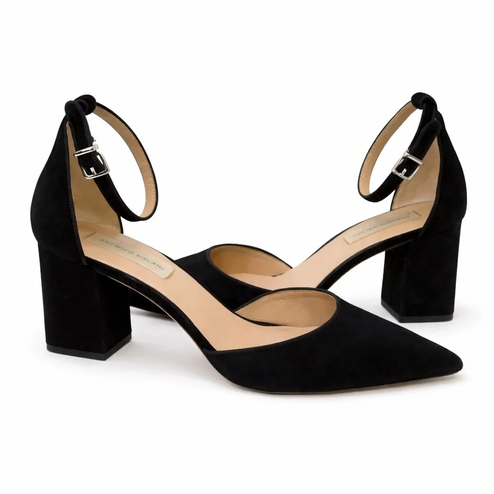 ANTONIO MELANI Women's Black Suede Ankle Strap Chunky Heels 10